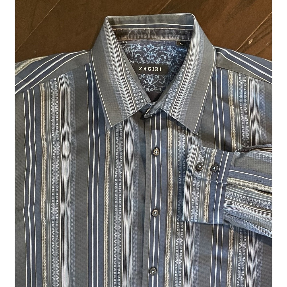 Zagiri Button Down Shirt Mens XL Blue Grey Striped Jacquard Long Sleeve Luxury